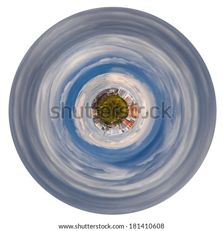 little planet - little planet with forest and hoses in grey autumn clouds isolated on white background