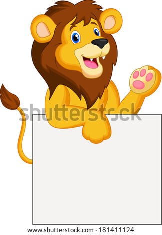 Happy lion holding blank sign