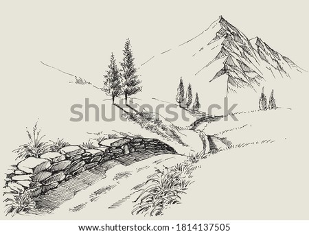 A narrow footpath in the mountains, alpine relaxing landscape hand drawing