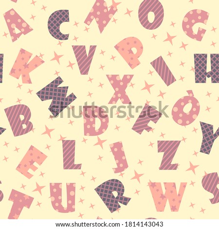 Seamless pattern from letters of the Latin alphabet. Capital letters of the Latin alphabet. Cute childish font on a pleasant pastel background.