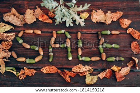 Lettering SALE made up of autumn leaves and acorns. Discounts and sales, lettering on a wooden background. Advertising picture for seasonal discounts, creative concept for stores