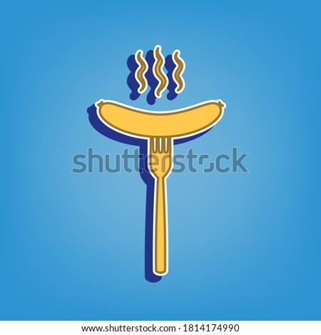 Sausage on fork sign. Golden Icon with White Contour at light blue Background. Illustration.