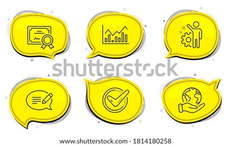 Message sign. Diploma certificate, save planet chat bubbles. Employee, Confirmed and Infochart line icons set. Cogwheel, Accepted message, Stock exchange. Speech bubble. Education set. Vector