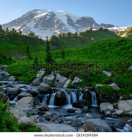 Stream Tumbles Over Rocks with Mount Rainier in background