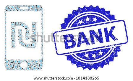 Bank unclean stamp and vector recursive collage shekel mobile bank. Blue stamp seal includes Bank caption inside rosette. Vector collage is made from random rotated shekel mobile bank icons.