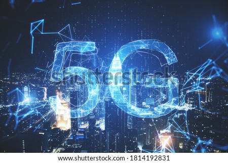 Creative glowing 5G internet sign on city background. Speed and technology concept.