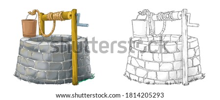 cartoon sketch scene with traditional well on white background - illustration for children