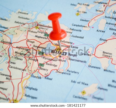 Close up of Belfast map with red pin - Travel concept