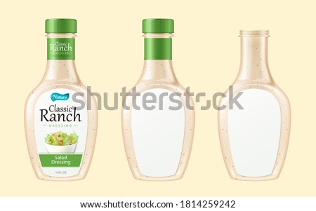 3d illustration of salad dressing bottle set, isolated on light yellow background Royalty-Free Stock Photo #1814259242