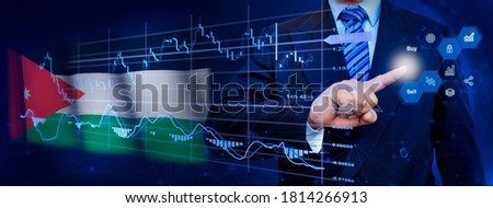Businessman touching data analytics process system with KPI financial charts, dashboard of stock and marketing on virtual interface. With Jordan flag in background.
