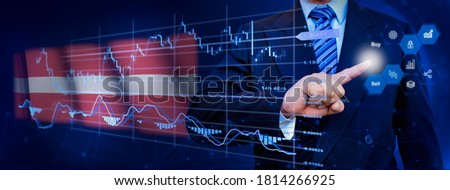 Businessman touching data analytics process system with KPI financial charts, dashboard of stock and marketing on virtual interface. With Latvia flag in background.