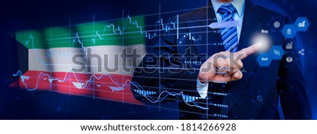 Businessman touching data analytics process system with KPI financial charts, dashboard of stock and marketing on virtual interface. With Kuwait flag in background.