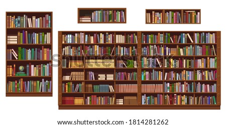 Book shelves and bookcase of library or bookstore, vector education. Bookshelf isolted objects with stacks and rows of books, antique and modern literature bookshop interior design Royalty-Free Stock Photo #1814281262
