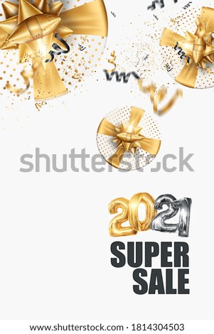 Happy New Year, Inscription 2021 gold balloons and super sale on a light background, confetti, creative background. Year of the white bull, flyer, poster A4. 3D illustration, 3D render