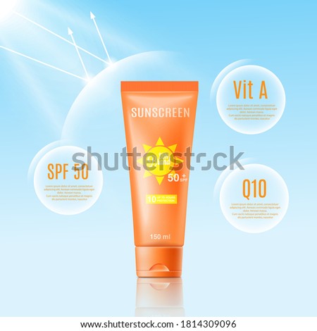 Mockup of UV sun rays protection cream or lotion in plastic tube, realistic vector illustration at blue sky background. Summer skin care cosmetic product template. Royalty-Free Stock Photo #1814309096