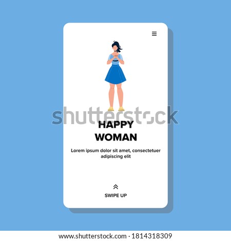 Beautiful Optimistic Cheerful Happy Woman Vector. Young Happy Woman With Hands On Chest Gesture. Fashion Clothes Character Girl Emotion And Expression Web Flat Cartoon Illustration