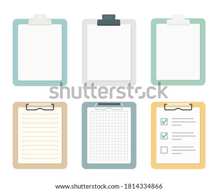 Colored clipboards with paper sheets set. School and office supplies collection. Flat vector illustration isolated on white background 