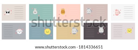 Set of cute animal faces. Colorful cards, stickers with different animals and a place for writing in the Scandinavian style - Panda, hare, zebra and unicorn, lion and tiger. Vector. For design, print 