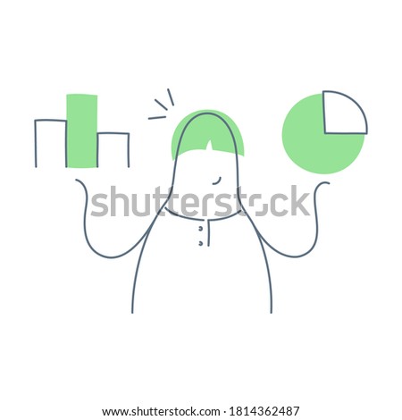 An analyst or marketer holds financial indicators in his hands. Pie chart and growth graph, financial results. Flat clean outline cute vector illustration on white