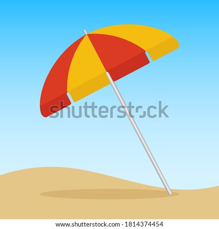  Beach umbrella icon on a sand and sky background. Vector, cartoon illustration. 