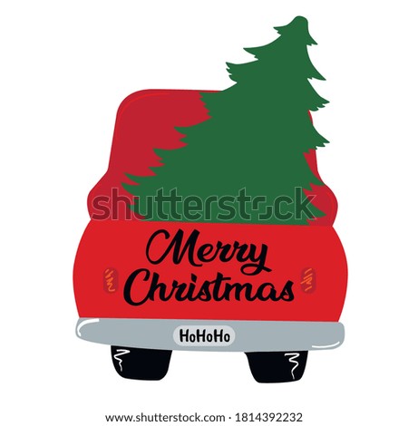 Print Hand-drawing Merry Christmas Truck with tree. Vector cartoon illustration.