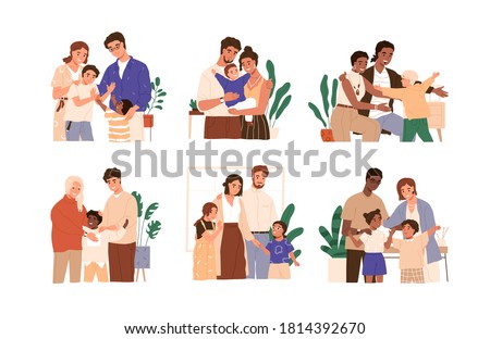 Scene of kid adoption. Multicultural foster families and couples adopt diverse children. Happy parents embracing their adopted daughters and sons. Flat vector cartoon illustration isolated on white Royalty-Free Stock Photo #1814392670
