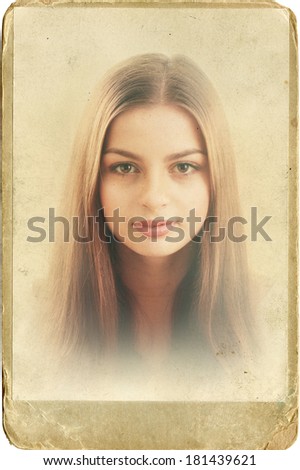 beautiful teen girl face portraite old fashioned on old photo paper