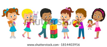 kids, boys and girl play with toys,illustration,vector Royalty-Free Stock Photo #1814403956