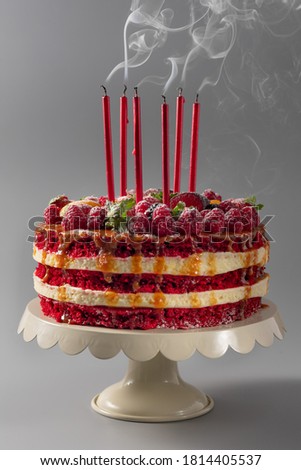 birthday cake on a stand with blown out candles and smoke. Delicious red velvet cake. Wonderful holiday mood. vertical image.
