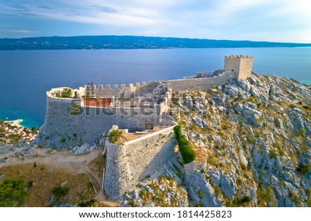 Starigrad Fortica fortress above Omis aerial view, Dalmatia region of Croatia Royalty-Free Stock Photo #1814425823