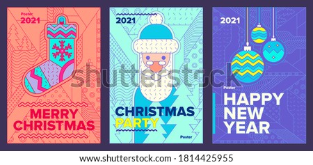 Poster set, Christmas sock, Santa, Christmas toys, 2021, Holiday Christmas Party and New Year Party Invitation Design Template with line art icons