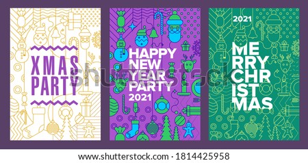 Poster set, 2021, Holiday Christmas Party and New Year Party Invitation Design Template with line art icons