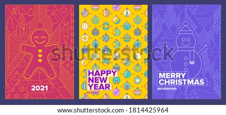 Poster set, cookie man, snowman and Christmas toys. 2021, Holiday Christmas Party and New Year Party Invitation Design Template with line art icons