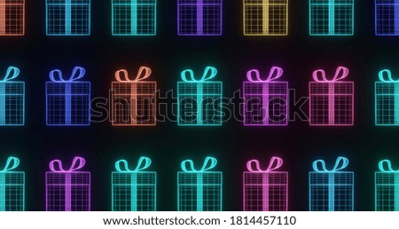 3d render with glowing multi-colored neon present boxes with a bow