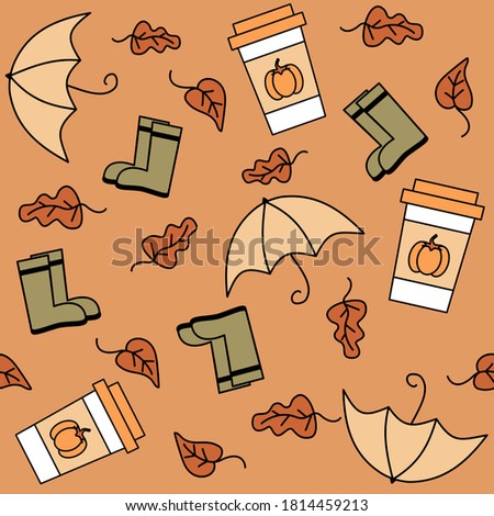 Cute lovely autumn fall seasonal seamless vector pattern background illustration with umbrellas, leaves, rain boots and pumpkin spice latte