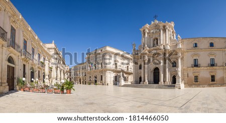 Panorama of an empty Piazza Duomo and of the Cathedral of Syracuse, Sicily, Italy Royalty-Free Stock Photo #1814466050