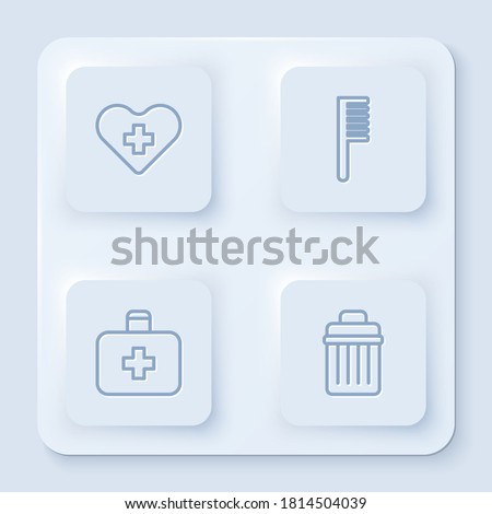 Set line Heart with a cross, Hairbrush, First aid kit and Trash can. White square button. Vector