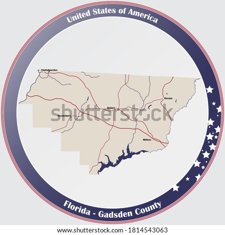 Round button with detailed map of Gadsden County in Florida, USA.