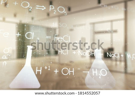 Creative chemistry hologram on a modern furnished office interior background, pharmaceutical research concept. Multiexposure