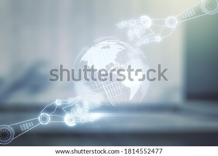 Double exposure of abstract virtual robotics technology with world map hologram on modern business center exterior background. Research and development software concept
