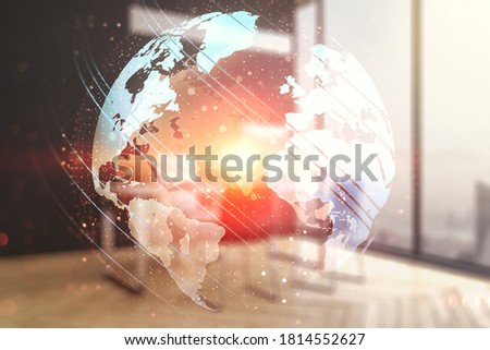 Multi exposure of abstract graphic world map and modern desk with computer on background, connection and communication concept