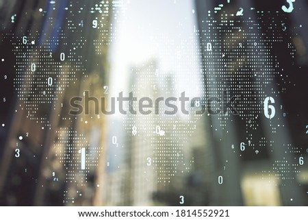 Abstract virtual coding illustration and world map on modern architecture background, international software development concept. Multiexposure