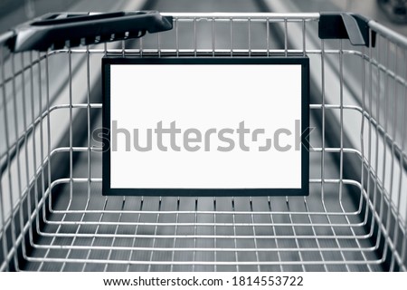 Advertising sign in a Shopping cart. Horizontal image with copy space.