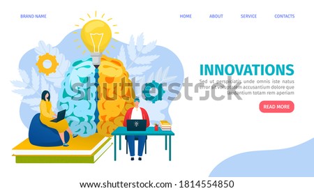 Innovative solution, web business services, management and analytics, innovators testimonial webpage design template, landing vector illustration. Innovation and development website, creative startup.