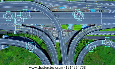 Automotive technology concept. ITS (Intelligent Transport Systems). ADAS (Advanced Driver Assistance System). ACC (Adaptive Cruise Control). *Video version available in my portfolio. Royalty-Free Stock Photo #1814564738