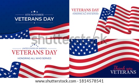 Veterans day. Happy veterans day celebration november 11 honoring heroes who served. Usa flag and lettering patriotic holiday vector posters. Usa veteran day, respect and pride illustration