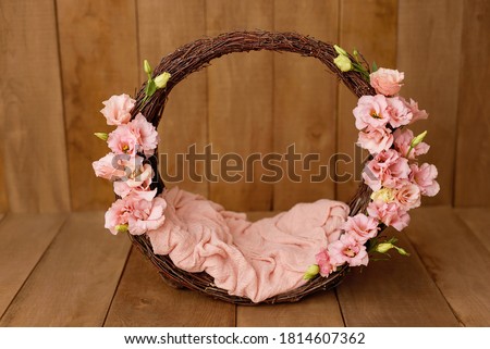 Newborn Digital Background Spring flowers Basket Prop for Newborn. For boys and girls. Wood back. shoot set up with prop bed and wood backdrop Royalty-Free Stock Photo #1814607362