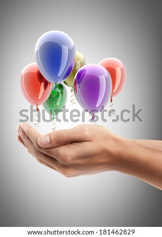Man hand holding object ( party helium balloons )  High resolution 