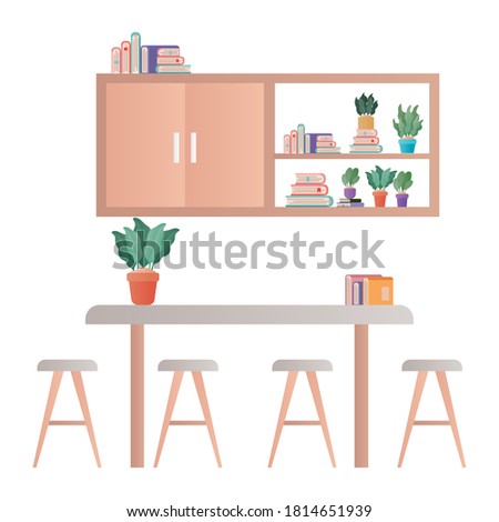 kitchen with table chairs and books design, Home room decoration interior living building apartment and residential theme Vector illustration