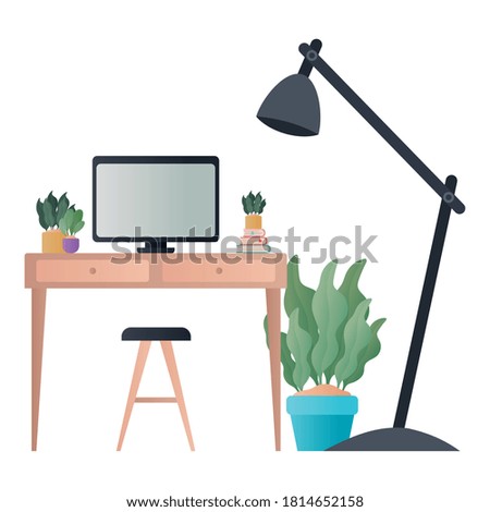 desk with computer lamp and plants design, Home room decoration interior living building apartment and residential theme Vector illustration